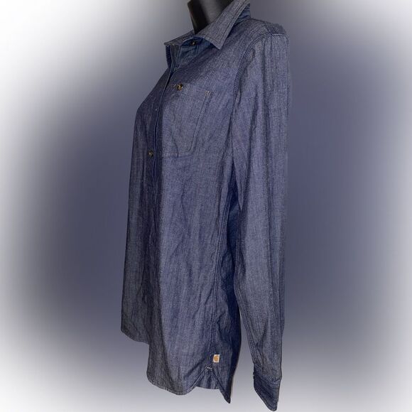 Carhartt Womens Small Long Sleeve Half Button Collared Denim Blue Chambray Shirt - Picture 2 of 4